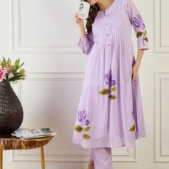 Floral Printed Cotton Kurta with Trousers Set S-2XL | Ethnic Wear Gift for Her - Picture 4 of 4
